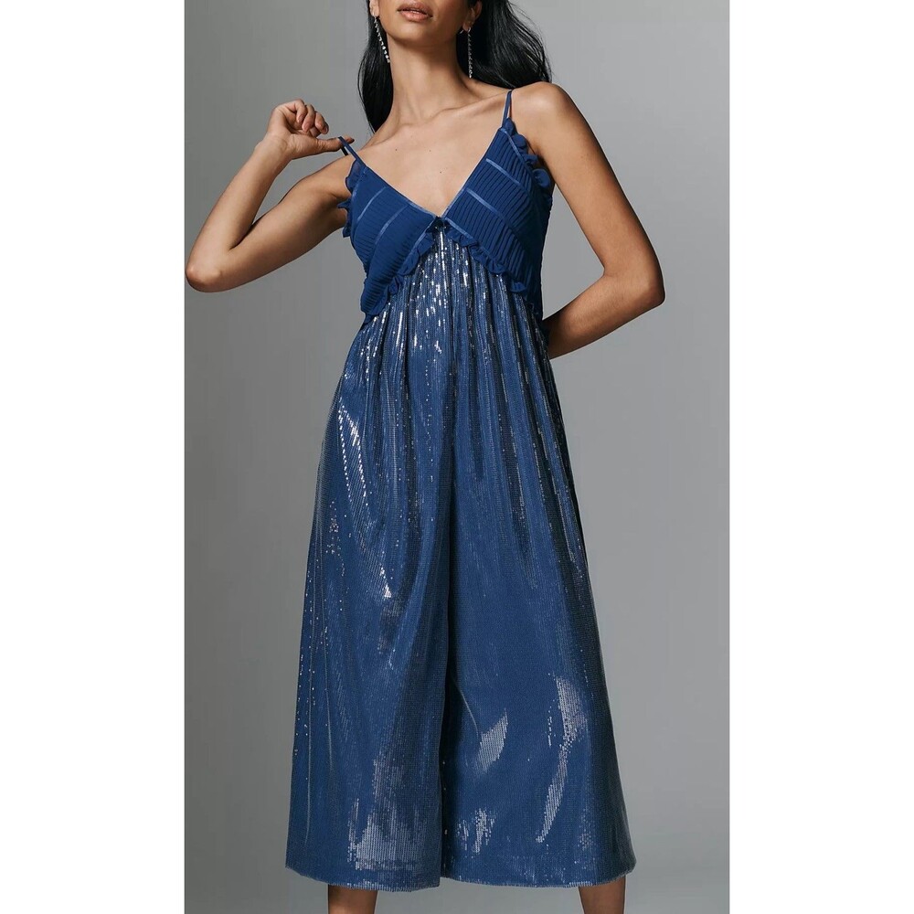 Anthropologie Maeve Fluid Shine Ruffle Sequin Crop Jumpsuit Size S Blue New
